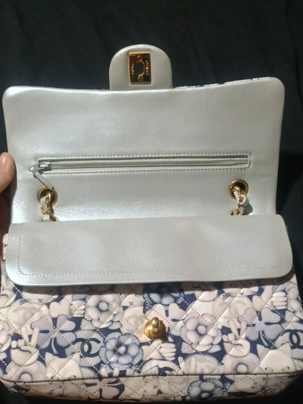 CHANEL Quilted Floral Crossbody Bag in Navy and White with Gold Chain